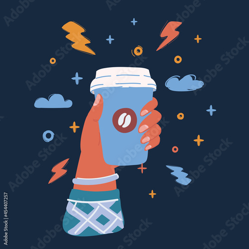 Vector illustration of Hand holding coffee mug over dark backround.