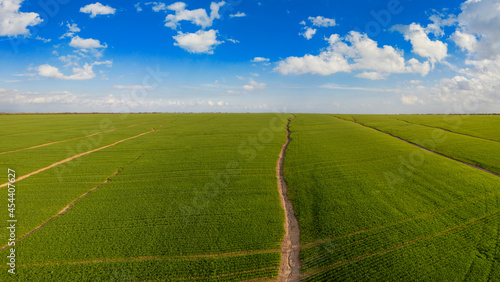 panoramic shot of soil erosion caused by water, aerial view of a green field at day time