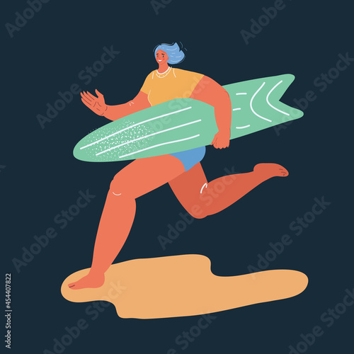 Vector illustration of surfer woman girl with surf boad running over dark backround.