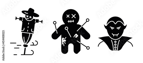 Vampire, cursed doll and harvest scarecrow icon set. Set for Halloween concept. Set of silhouette icons.