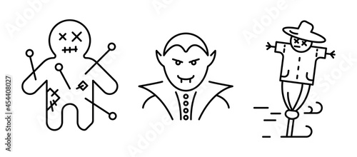 Vampire, dracula, cursed doll and scarecrow icon set. Set for Halloween concept. Linear icons set.