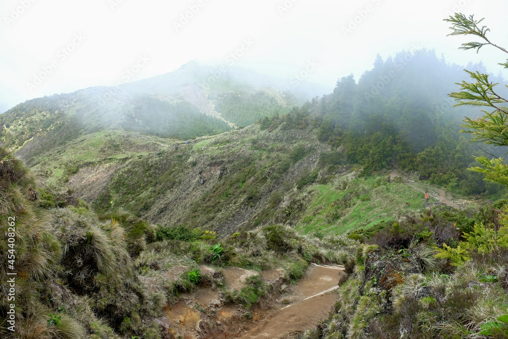 Hiking on Pico da Vara trail through subtropical forest on Sao Miguel island, Azores, Portugal on a misty morning
