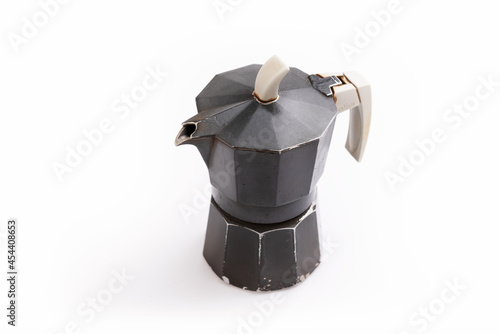 Isolated moka coffee maker closeup side view