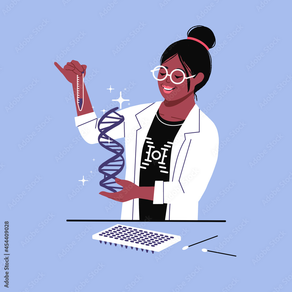 in lab holding sample tube and dna strip. Genomic sequencing