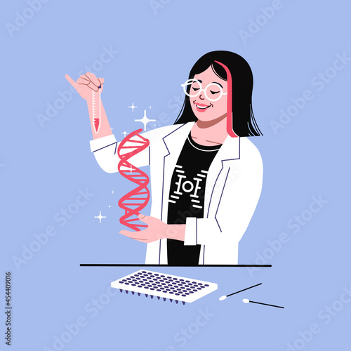 Geneticist in lab holding sample tube and dna strip. Genomic sequencing in medical research laboratory by female stem doctor. Happy lab technician with swabs, equipment dna kit. photo 51 t shirt
