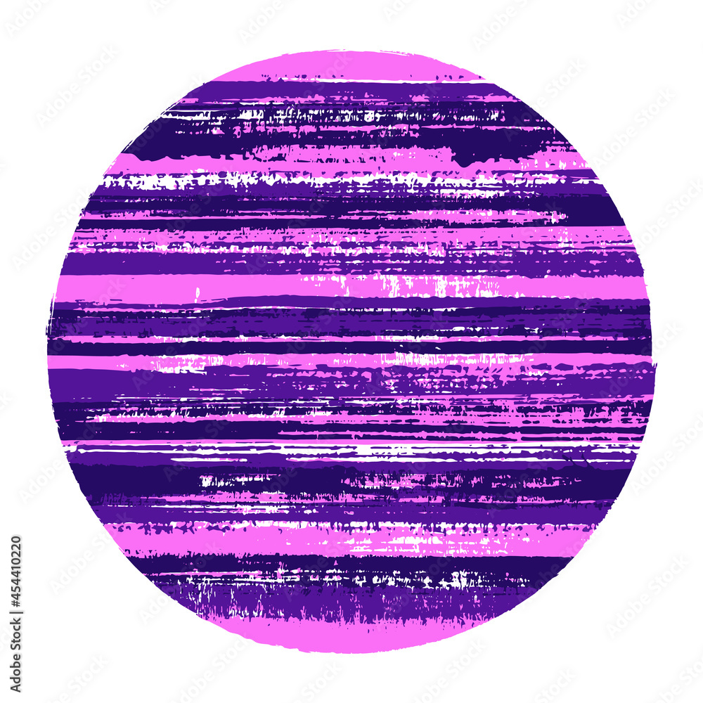 Modern circle vector geometric shape with striped texture of ink horizontal lines. Planet concept with old paint texture. Badge round shape logotype circle with grunge background of stripes.