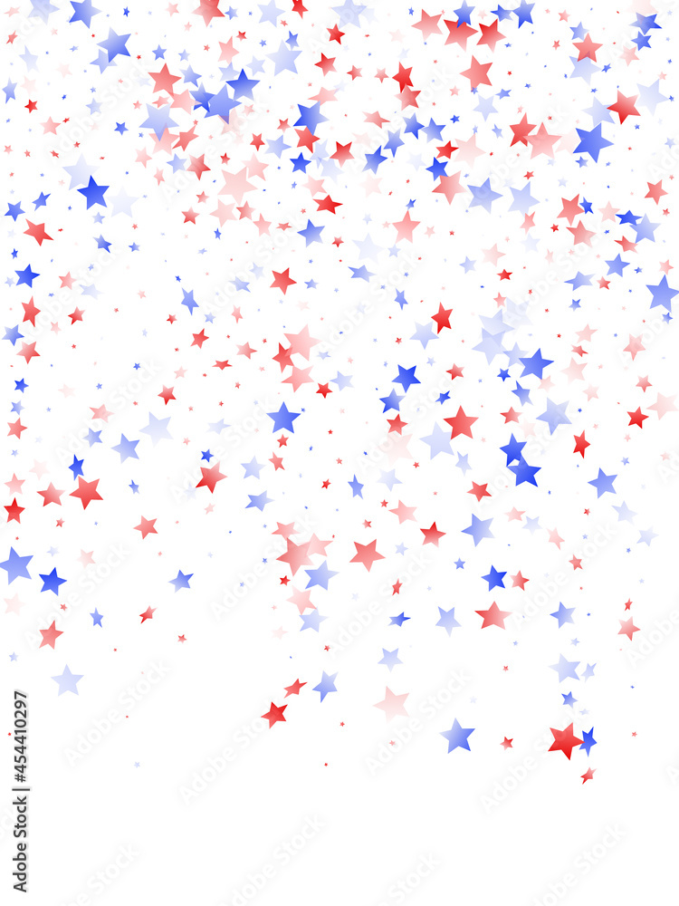 Flying red blue white star sparkles on white vector american patriotic background.