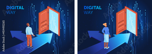 Digital way of business concept. Man and woman standing in front of door to technological world. Choice between innovation and classics. Cartoon flat vector collection isolated on white background