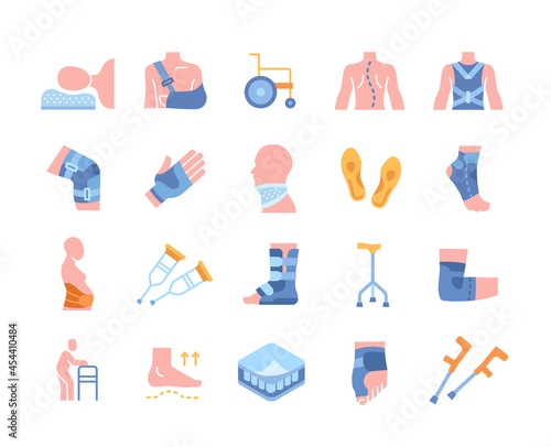 Set of colored icons with immobilization techniques. Stickers with splints, supporting tools, bandages. Design elements for applications. Cartoon flat vector collection isolated on white background