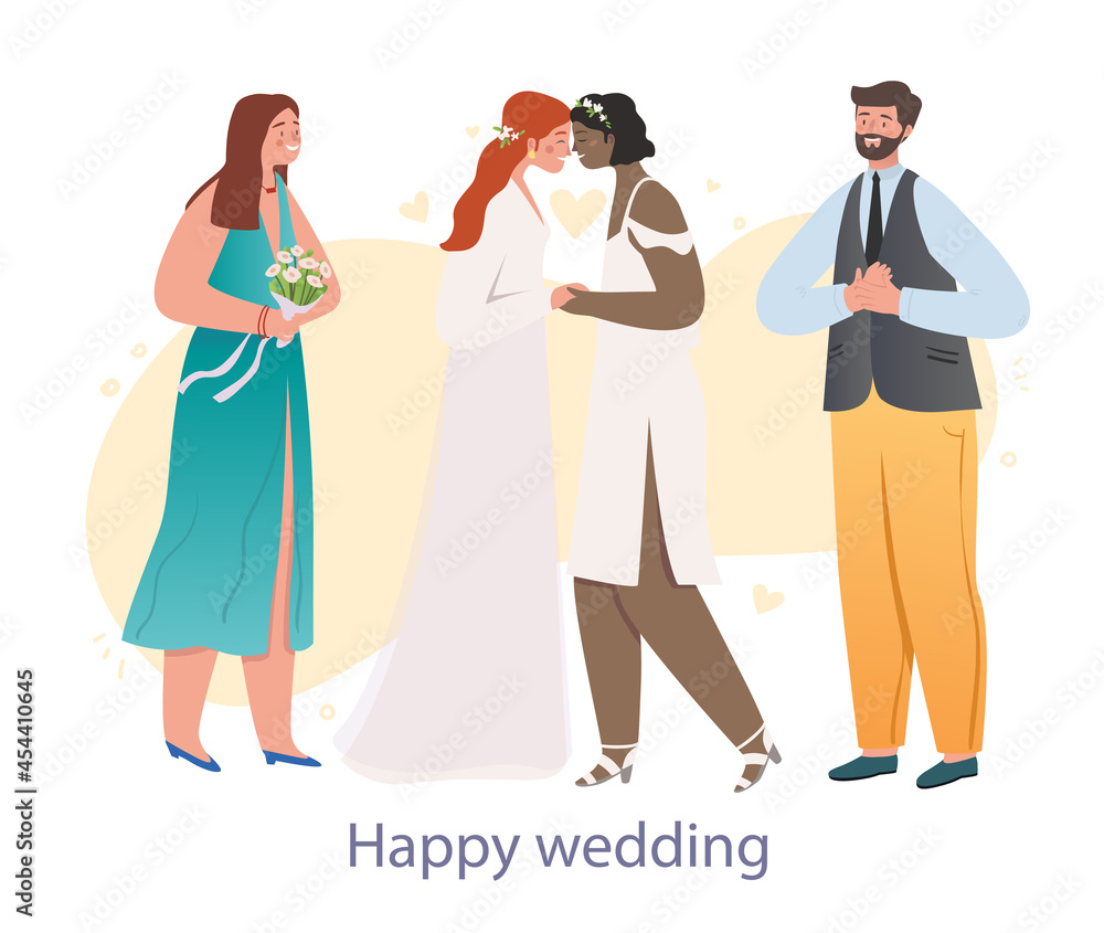 Happy lesbian wedding. Two newlywed women pronounce oath of love and loyalty. LGBT community. People with non traditional orientation. Cartoon flat vector illustration isolated on white background