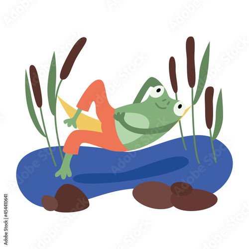 A cartoon green frog lies in a hammock and looks at the stars. Reed, swamp, rates. Vector flat illustration.