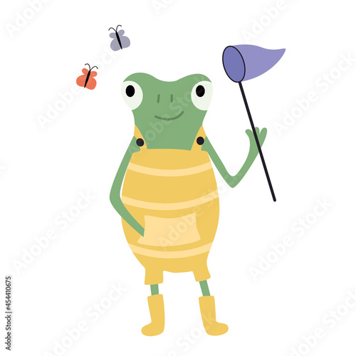 Cartoon green frog in a yellow jumpsuit with a net catching butterflies. Vector flat illustration.