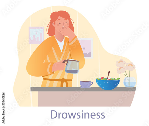 Sleepy woman drinks coffee concept. Drowsiness due to early awakening. Female character replenishes energy reserves with help of drink. Cartoon flat vector illustration isolated on white background