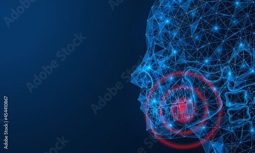 Toothache. Polygonal construction of lines and points. Blue background.