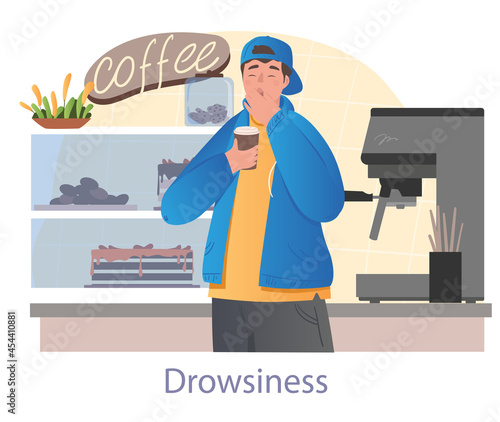 Sleepy man buys coffee concept. Young male character drinks energy drink early in morning. Tired person yawns due to drowsiness. Cartoon modern flat vector illustration isolated on white background