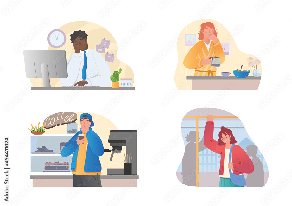 Collection of sleepy people in various situation. Drowsiness due to poor sleep and fatigue at work. Character in office, at home, on bus and in coffee shop. Cartoon flat vector set on white background Collection of sleepy people in various situation. Drowsiness due to poor sleep and fatigue at work. Character in office, at home, on bus and in coffee shop. Cartoon flat vector set on white background