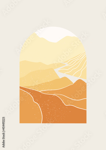 Abstract Landscape valley of mountains vector illustration. Minimal wall art decor. Mid Century Modern print of national park with river and mountains.