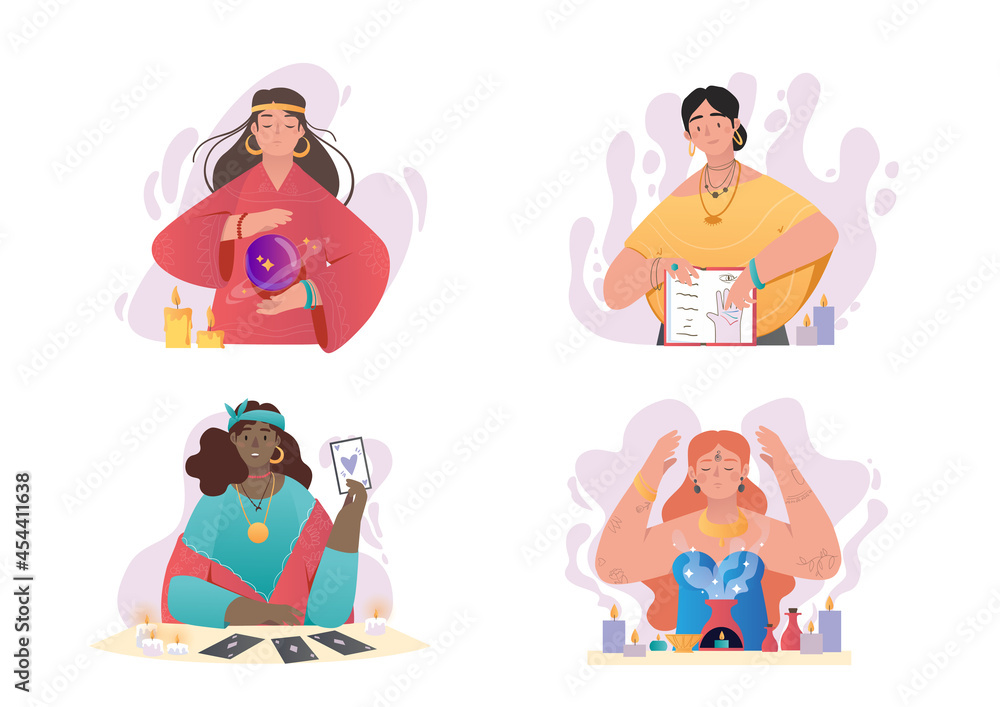 Collection of female characters predicting fate. Clairvoyants see future with help of crystal sphere, tarot cards, fire. Supernatural powers. Cartoon flat vector set isolated on white background Collection of female characters predicting fate. Clairvoyants see future with help of crystal sphere, tarot cards, fire. Supernatural powers. Cartoon flat vector set isolated on white background