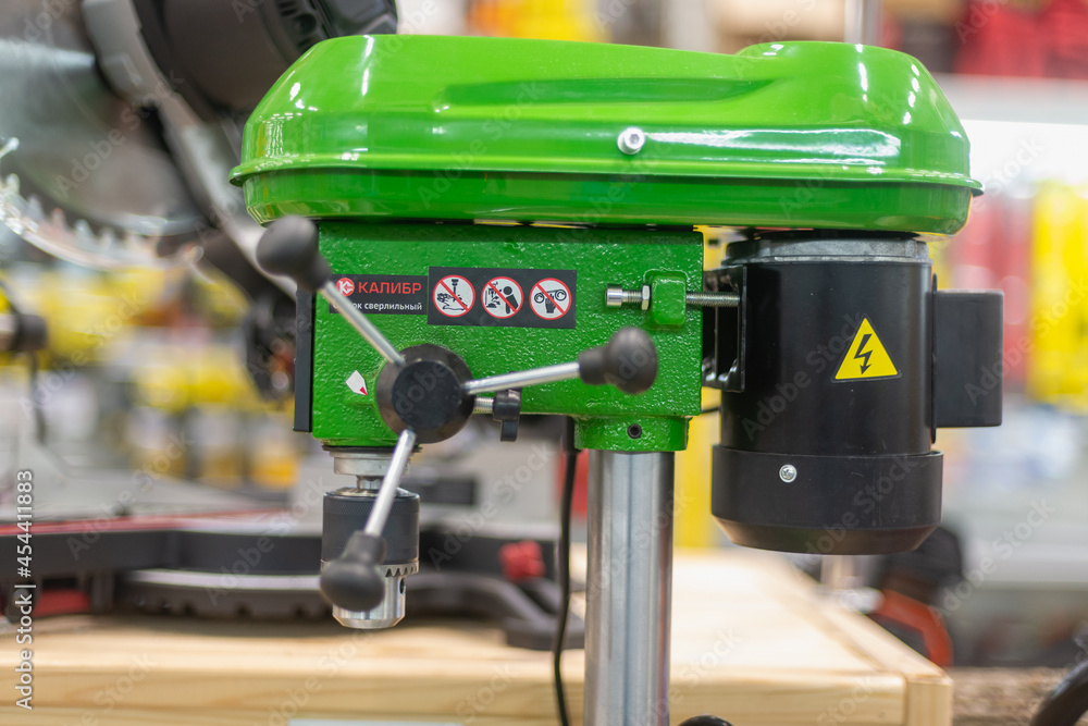 Hardware store. Rack with goods. Sale of a drilling machine. Hardware store. Rack with goods. Sale of a drilling machine.