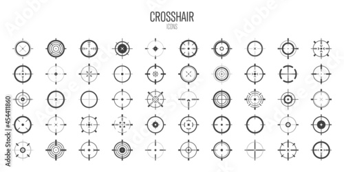 Crosshair, gun sight vector icons. Bullseye, black target or aim symbol. Military rifle scope, shooting mark sign. Targeting, aiming for a shot. Archery, hunting and sports shooting. Game UI element.