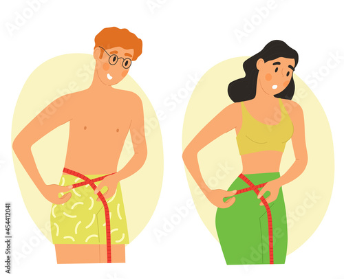 People measure their waist with tape concept. Man and women will learn their anthropometric data. Beautiful slim figure. Sports character. Cartoon flat vector illustration isolated on white background