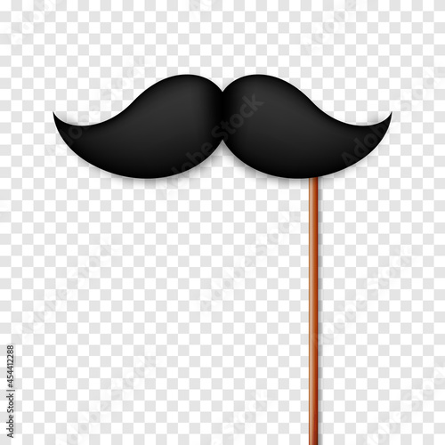 Realistic black mustache on a wooden stick. Fake paper mustache isolated on transparent background. Fashionable facial hair. Vintage design element. Creative vector illustration.