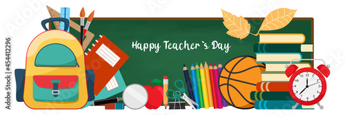 Happy teacher's day poster concept with school items