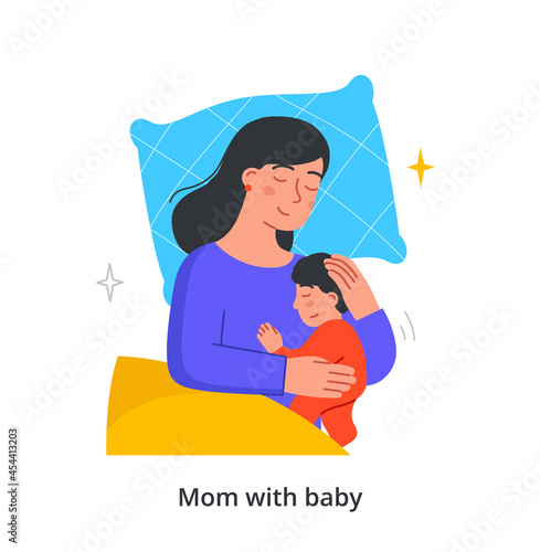Mom and son concept. Woman lies with small child and hugs him tightly. Happy period of motherhood and taking care of baby. Cartoon doodle flat vector illustration isolated on white background