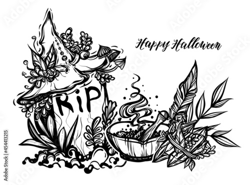Vector illustration, Halloween, mystic, witchcraft, gravestone, crystals. handmade, prints, tattoo