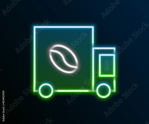 Glowing neon line Coffee street truck machine icon isolated on black background. Delivery coffee. Colorful outline concept. Vector