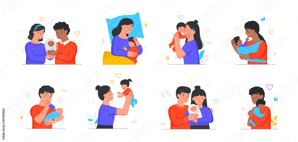 Collection of happy families with their newborn children. Moms and dads take care of kids, feed them, lull them to sleep and play with them. Responsible and attentive attitude. Cartoon flat vector set