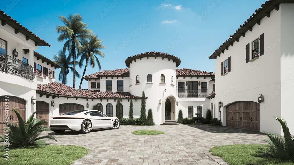 Luxury villa with a car. Expensive car in the courtyard. Sports car on the luxury house. 3d illustration