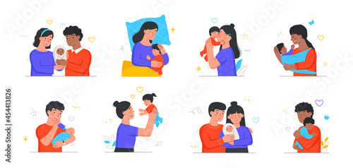 Collection of happy families with their newborn children. Moms and dads take care of kids, feed them, lull them to sleep and play with them. Responsible and attentive attitude. Cartoon flat vector set