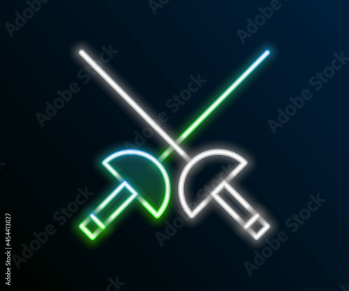 Glowing neon line Fencing icon isolated on black background. Sport equipment. Colorful outline concept. Vector