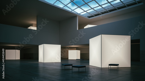 Modern interior of an art exhibition. Empty gallery interior. Exhibition center interior. Exhibition of contemporary art. Hall of modern art museum. 3d illustration © ALEKSTOCK.COM