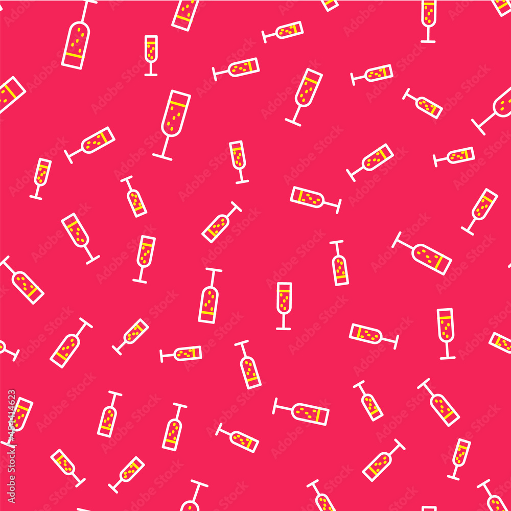 Line Glass of champagne icon isolated seamless pattern on red background. Vector
