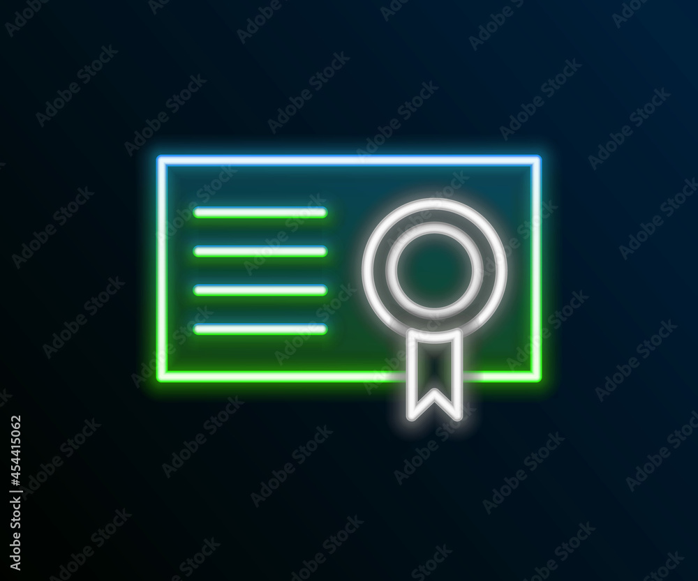 Glowing neon line Certificate template icon isolated on black background. Achievement, award, degree, grant, diploma concepts. Colorful outline concept. Vector Glowing neon line Certificate template icon isolated on black background. Achievement, award, degree, grant, diploma concepts. Colorful outline concept. Vector