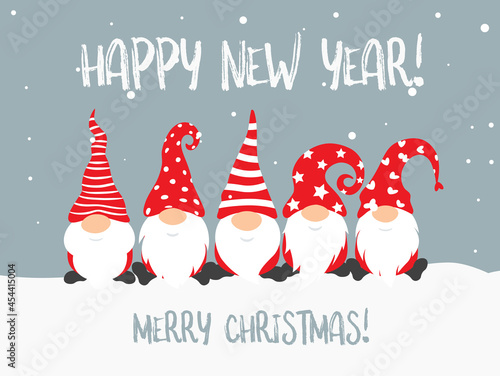 Happy New Year 2022 and merry christmass poster design with gnomes, christmass characters for decoration of xmas holidays, new year banner, calendar cover, greeting card. Vector illustration