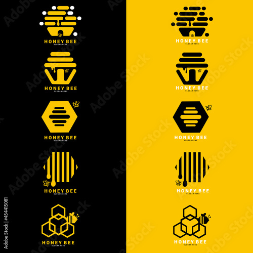 Set of retro vintage honey and bee, honeycomb. Bee Logo Template. Modern Design. Flat Logo. Vector Illustration
