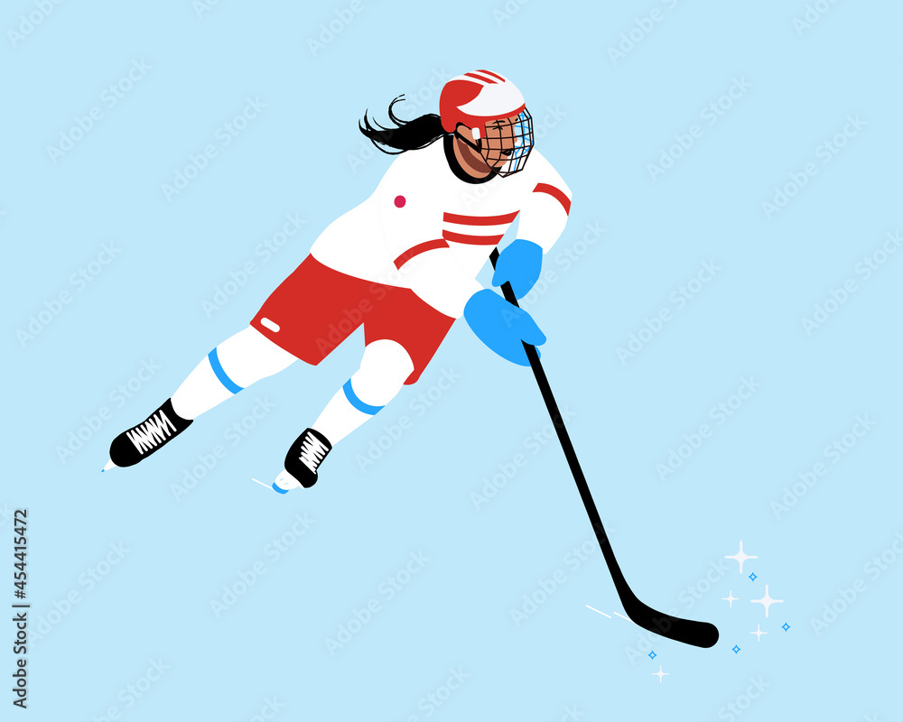 Obraz premium Ice Hockey player skating on ice. Fast female skater team sports player holding hockey stick. Hockey champion in competitive sport. Athlete practice of winter sports. 