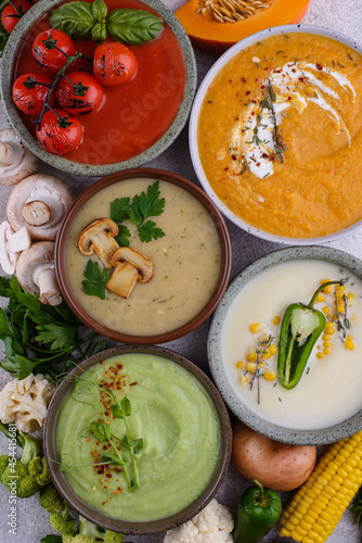 Assortment of vegetable autumn cream soups.