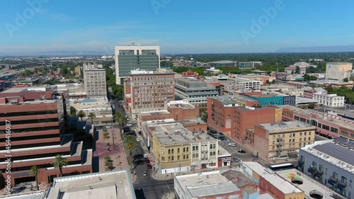 2021- aerial establishing shot downtown business district of Stockton, California. photo