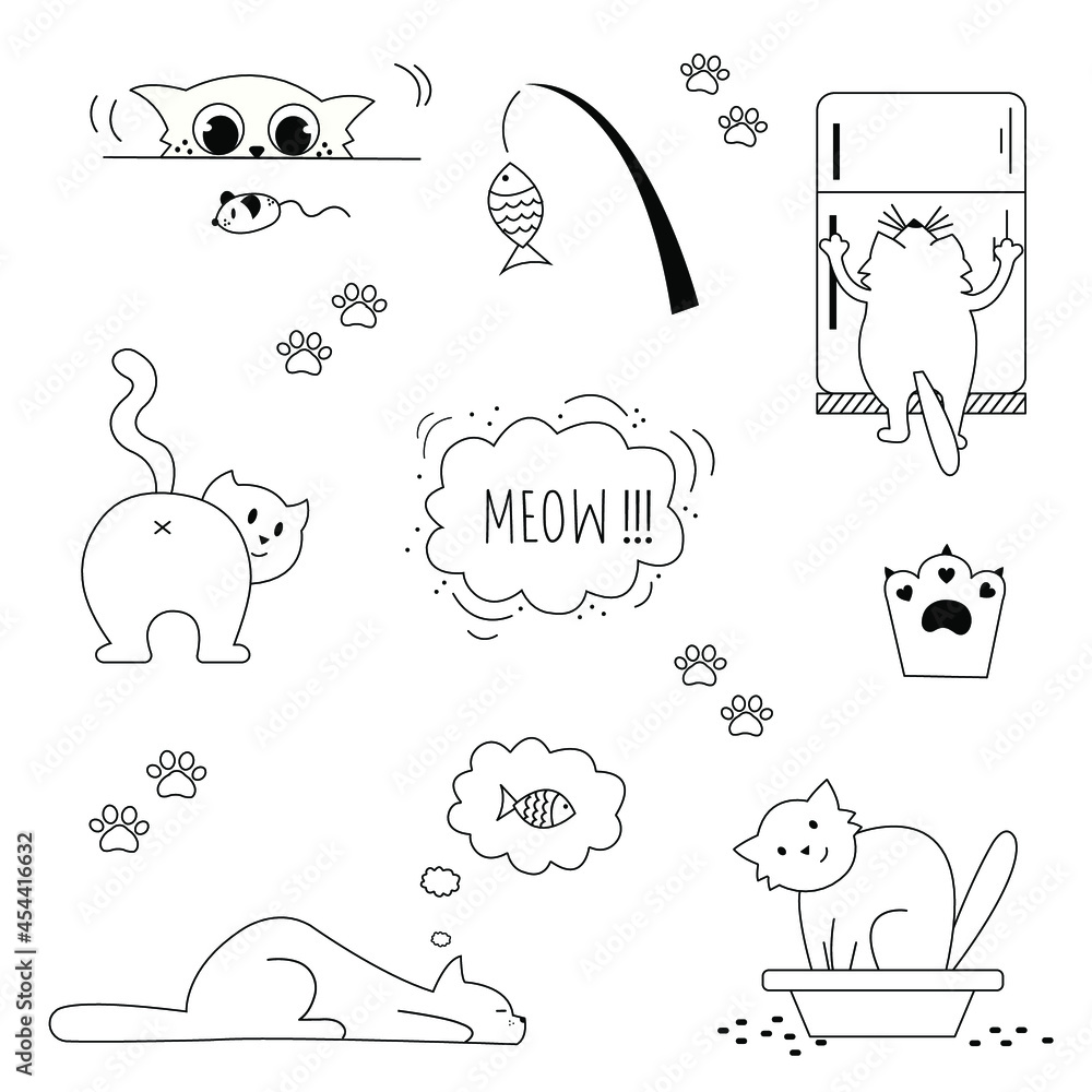 A set of hand drawn cute doodle cats. Children illustration. May be used as sticker, greeting card, postcard template. Isolated on white. A set of hand drawn cute doodle cats. Children illustration. May be used as sticker, greeting card, postcard template. Isolated on white.
