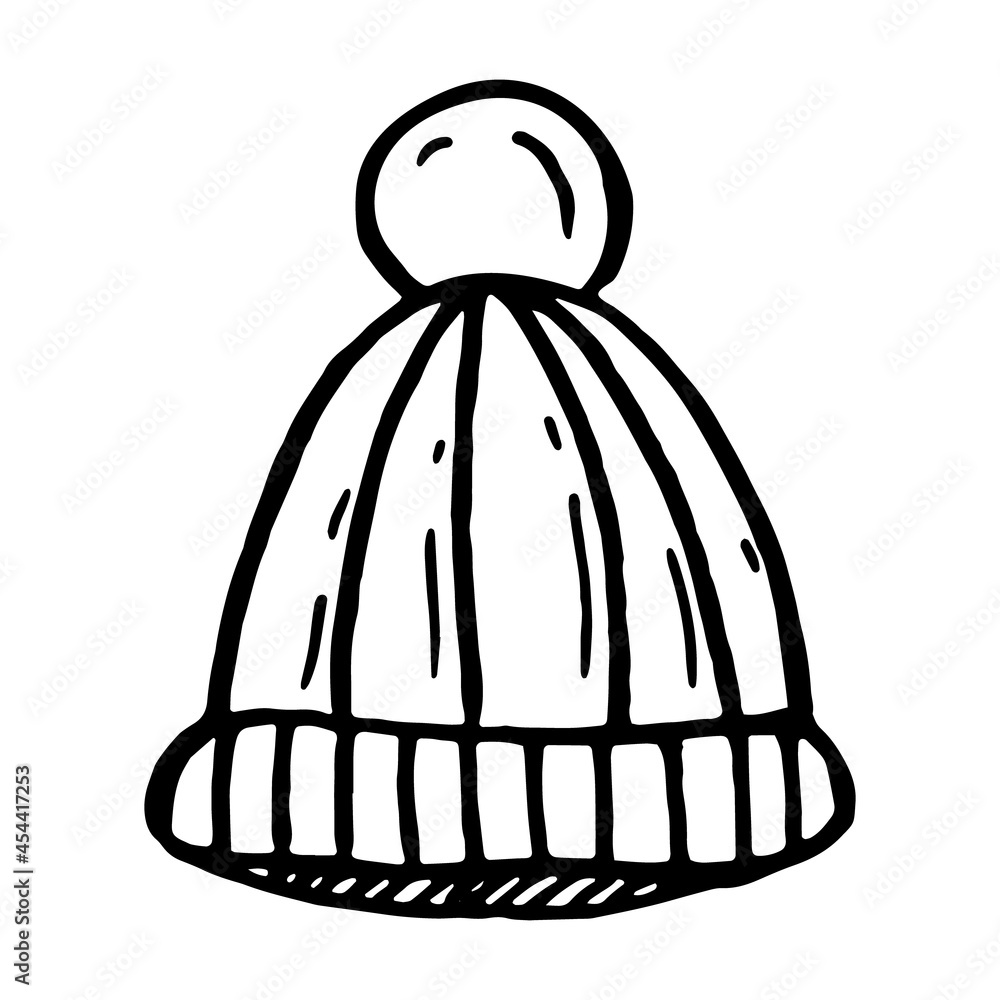 Warm hat hand drawn vector doodle illustration. Cartoon winter hat. Isolated on white background. Hand drawn simple element Warm hat hand drawn vector doodle illustration. Cartoon winter hat. Isolated on white background. Hand drawn simple element
