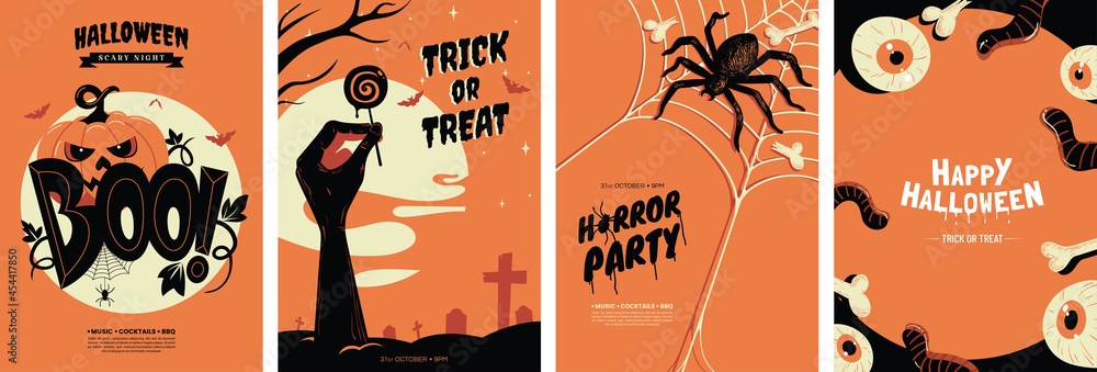 Halloween posters collection with different scary illustrations in orange and black colours. Creepy halloween greeting card design in a4 size. Ideal for party invitation, event, social media, banner. - obrazy, fototapety, plakaty 
