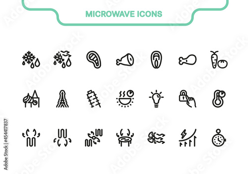 Vector icon line and fill simple set. Microwave sign collection: mode, quick defrost, beef, pork, chicken, fish, vegetables, Russian, French, Italian, cuisine, cooking, child lock, temperature, timer
