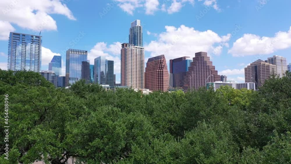 Rising aerial of businesses and office towers in downtown Austin Texas. Rising aerial of businesses and office towers in downtown Austin Texas.