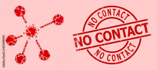 Textured No Contact stamp seal, and red love heart collage for virus network. Red round stamp seal has No Contact caption inside circle. Virus network collage is composed of red romance symbols.
