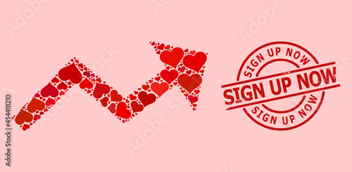 Rubber Sign up Now stamp, and red love heart collage for growing trend arrow. Red round stamp contains Sign up Now caption inside circle. Growing trend arrow collage is formed with red wedding icons.
