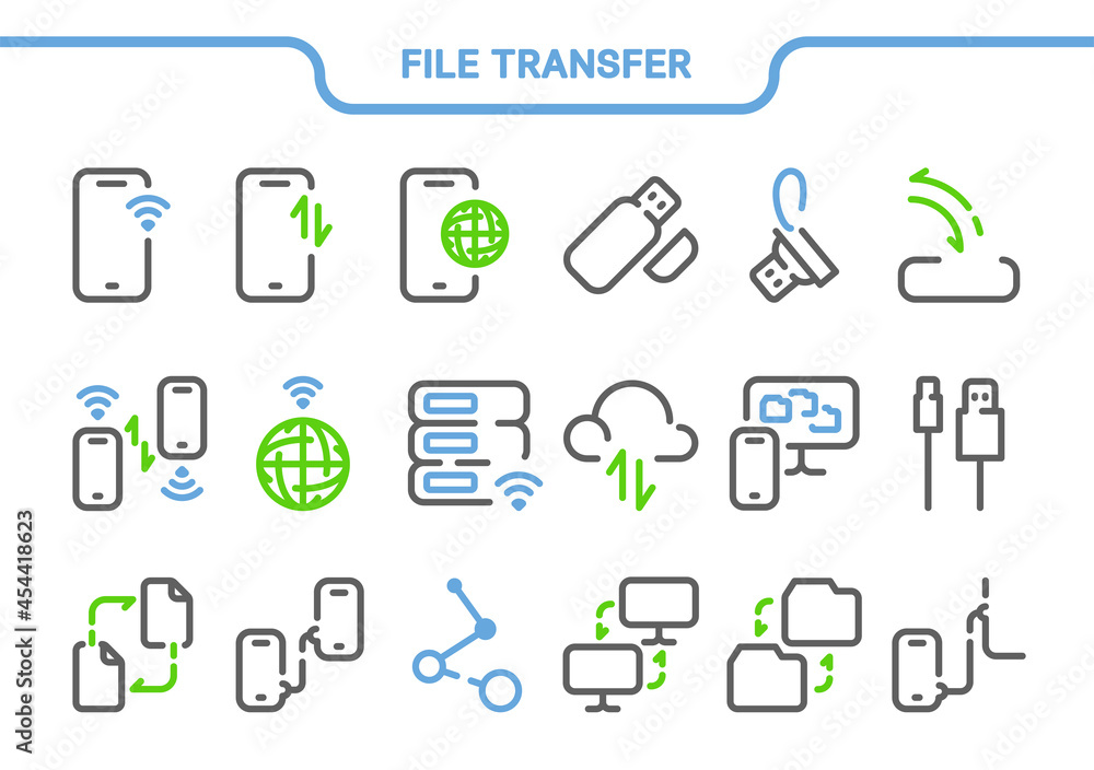 Vector icon set. File transfer collection: transfer of data, files, documents, server, internet, web, cloud storage, flash drive, usb port, computer, phone Vector icon set. File transfer collection: transfer of data, files, documents, server, internet, web, cloud storage, flash drive, usb port, computer, phone